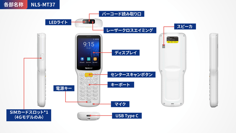 図：Android ハンディターミナル NLS-MT37 各部名称